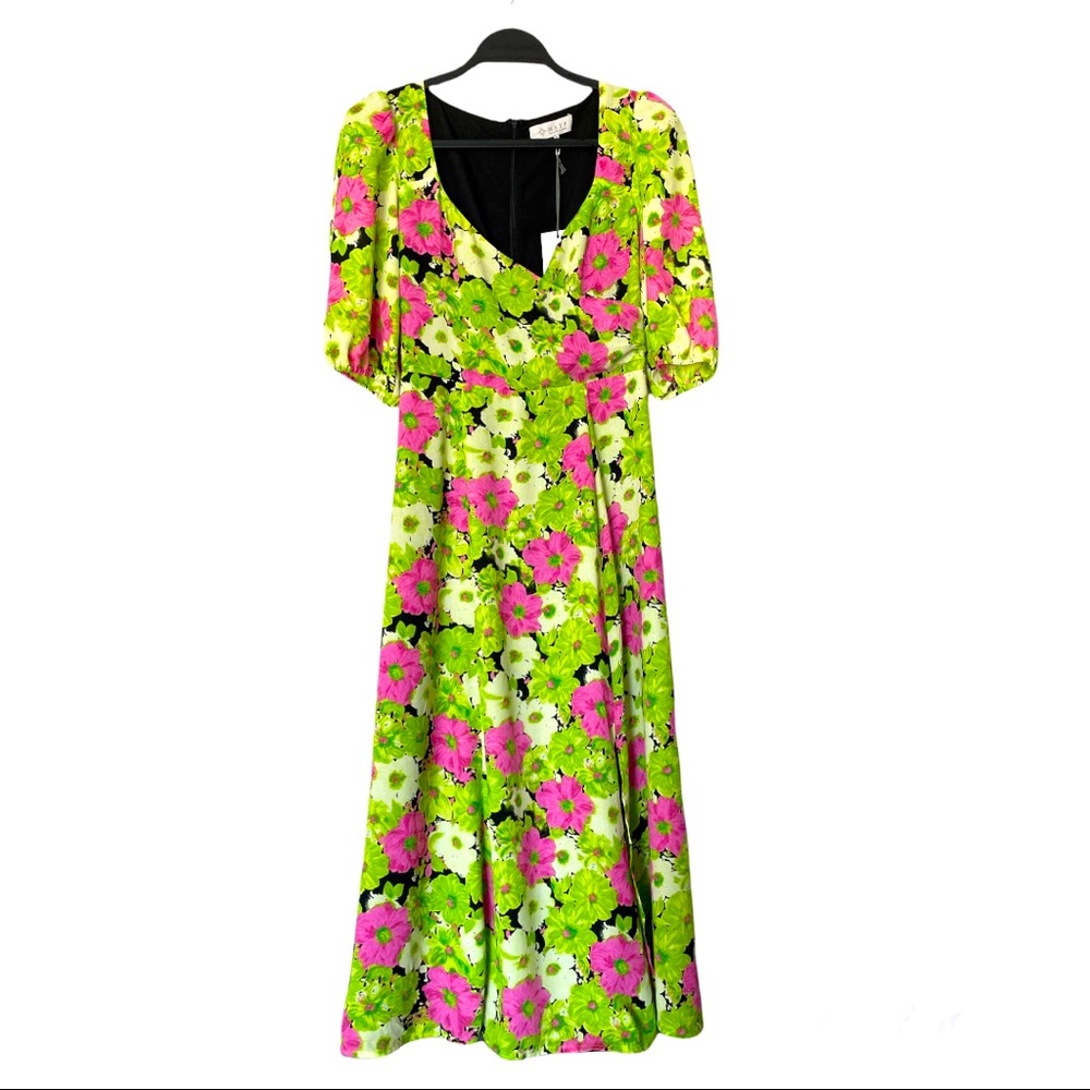 Wayf Floral Faux Wrap V-neck Short Sleeve Maxi Dress Green/Pink Size XS NWT
